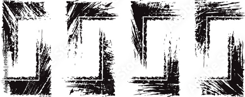 Set of four black grunge brush stroke corners with rough textured edges on white background