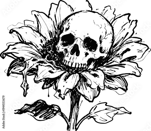 Skull in sunflower bloom dark macabre floral illustration with detailed petals and leaves