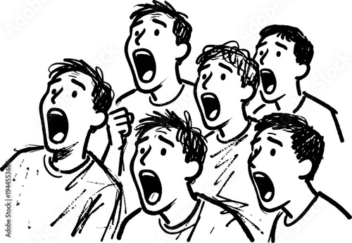 Group of shocked men expressing surprise and disbelief with open mouths and wide eyes