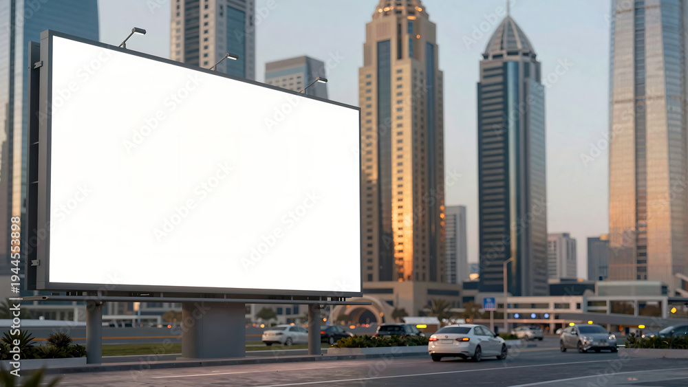 Obraz premium Blank Billboard Mockup in Dubai Business District Cityscape