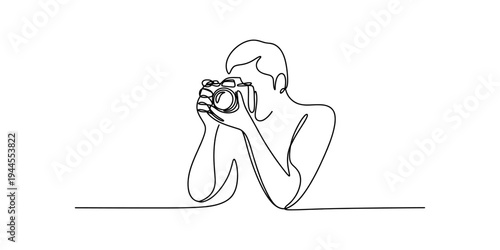 A continuous line drawing illustrating a person holding up a camera to take a photograph Vector, illustration