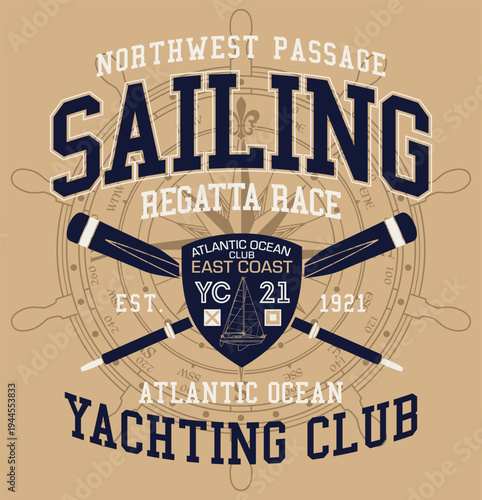 Atlantic Ocean sailing regatta vintage vector print for boy man marine wear t-shirt sweatshirt jacket