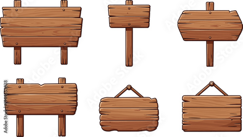 Cartoon wooden signboard collection rustic blank wood sign boards set isolated vector illustration for directions notices menus camping forest style vintage design