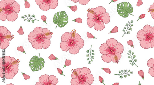 Seamless tropical hibiscus flower pattern with monstera leaves and botanical elements colorful summer floral background vector for fabric and wallpaper