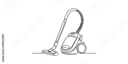 A continuous single line drawing illustration of a modern canister vacuum cleaner for home cleaning. Vector, illustration