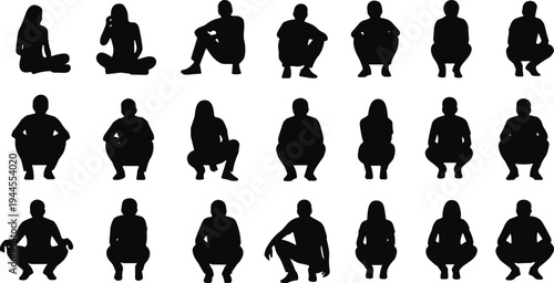 Squatting people silhouette collection with various sitting and crouching human poses, men and women black silhouette set isolated on white background vector illustration