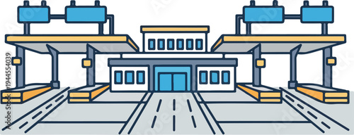 Vector illustration of a toll booth or toll plaza with yellow and blue colors