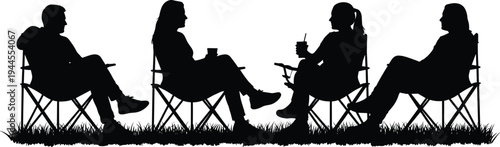 Black silhouette of people sitting on folding chairs on grass, talking and drinking coffee, isolated on white background for camping leisure. (21 words)