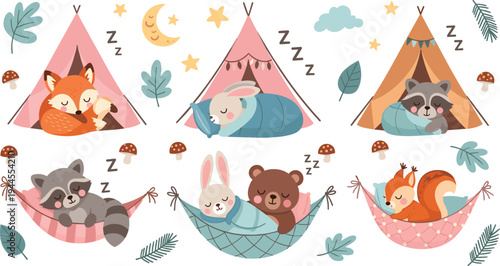 Cozy Forest Sleepover: Cute Cartoon Foxes, Bears, Bunnies, Raccoons, and Squirrels Sleeping in Tents and Hammocks Under the Moon