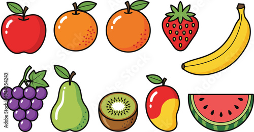 Fresh fruit icon set featuring apple, orange, strawberry, banana, grapes, pear, kiwi, mango and watermelon colorful healthy food vector illustration