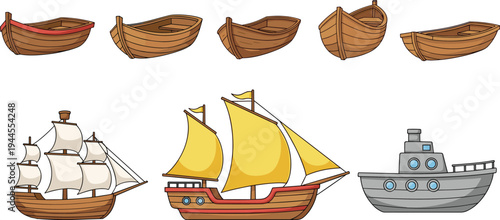 Collection of wooden rowboats, sailing ships, colorful sailboat, modern naval vessel, diverse watercraft vector illustration showcasing nautical design and marine themes