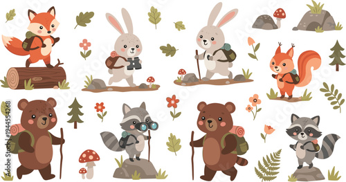 Forest Hiking Adventure: Cute Cartoon Foxes, Bears, Bunnies, Raccoons, and Squirrels with Backpacks Trekking Through the Woods