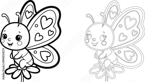 Coloring page of a smiling butterfly with hearts