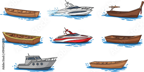 Collection of eight diverse boats including rowboats, motorboats, sailboat, canoe, colorful designs floating on water, vector illustration for nautical and marine themes
