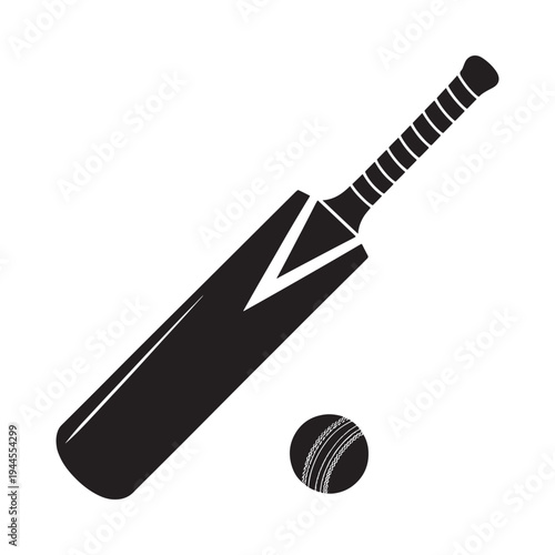 Black and white illustration of a cricket bat and ball