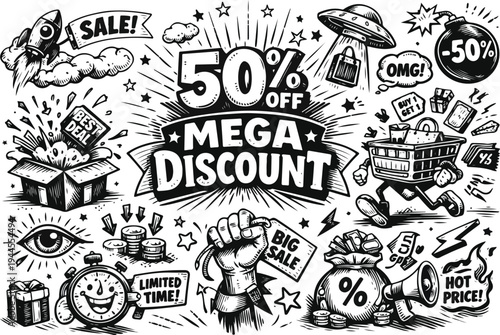 Comic Style Mega Discount Sale Illustration.