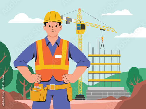 Skilled construction worker in hard hat and safety vest on building site with crane