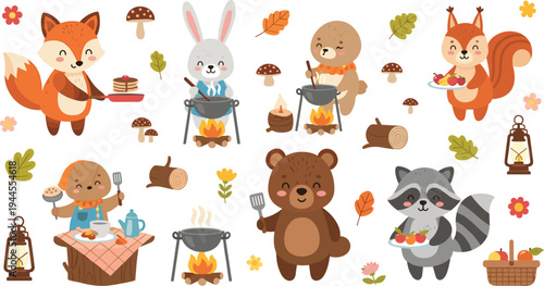 Autumn Forest Animals Cooking Set with Fox, Rabbit, Bear, and Raccoon – Cute Woodland Creatures Cooking Over Campfire, Fall Season Illustration