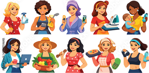 Women house work and Professional Activity Illustration Set.