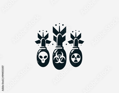 Bomb silhouettes with alien biohazard and radiation symbols black vector logo illustration isolated on white background