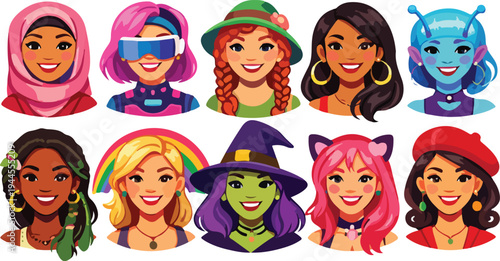 Colorful Diverse Female Avatar mega Collection.