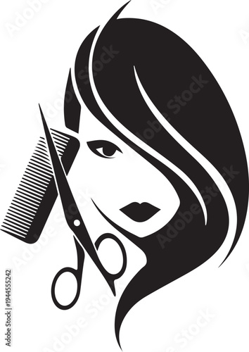 Elegant Beauty Salon Logo with Female Face, Comb and Scissors Black Vector Illustration