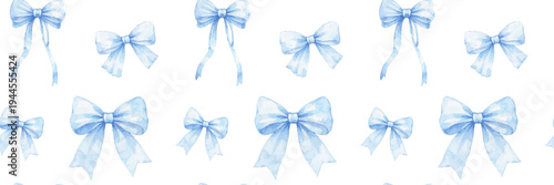 Seamless pattern with delicate blue watercolor bows on a transparent background.Decorative ribbon illustration perfect for gift wrap, baby shower designs, invitations, textiles, and feminine branding
