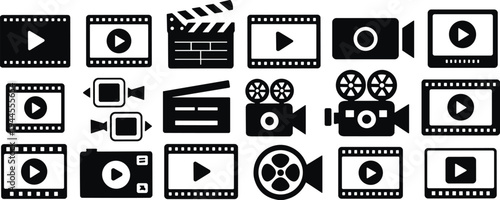 Video production and media player icon set with film strip, movie camera, clapperboard and play button symbols, multimedia entertainment vector collection isolated