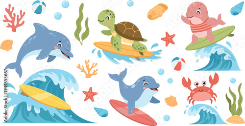 Surfing Fun: Cute Cartoon Dolphins, Turtles, Crabs, and Baby Seal Surfing the Waves with Beach Balls and Starfish