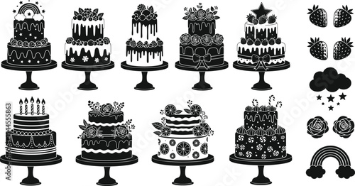 Cake silhouette illustration with decorative designs, fruit toppings, floral elements, dripping icing, rainbow theme, bakery artwork, sweet dessert vector, party celebration pattern