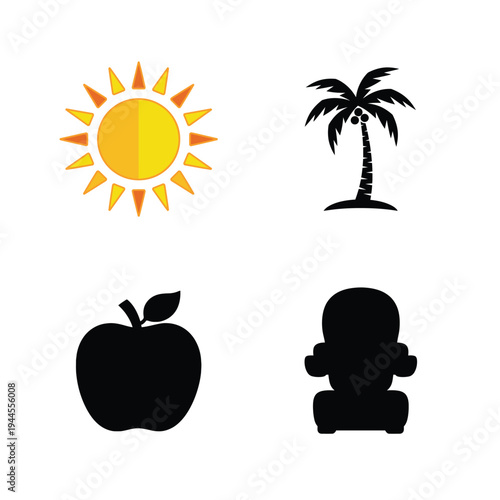 Sun palm tree apple person fruit