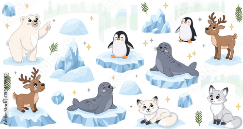 Magical Winter: Cute Cartoon Polar Bears, Penguins, Seals, Reindeer, and Arctic Foxes in a Snowy, Sparkling Ice Wonderland
