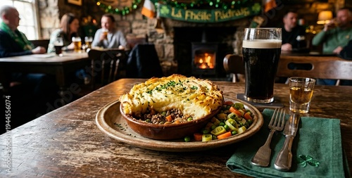 Irish shepherd pie with stout beer in pub
