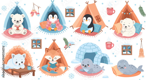 Cozy Winter Camping: Cute Cartoon Polar Bears, Penguins, Foxes, Seals, and Arctic Animals Relaxing in Tents and Igloos with Hot Drinks