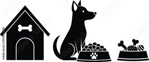 Pet dog silhouette set featuring wooden kennel house food bowl with bones and paw print for animal care and supplies