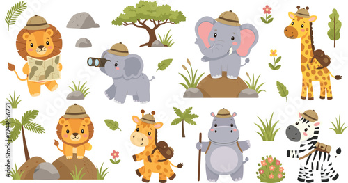Safari Adventure: Cute Cartoon Lions, Elephants, Giraffes, Hippos, and Zebras in Safari Outfits Exploring the Jungle