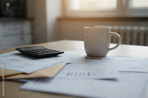 Calculating finances and taxes on office desk with coffee