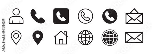 Set of twelve black and white contact icons including user profile phone handset envelope location pin house and globe representing communication and interface design
