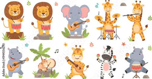 Cartoon Animal Band: Lions, Elephants, Giraffes, Hippos, and Zebra Playing Musical Instruments in a Fun Jungle Music Theme for Kids