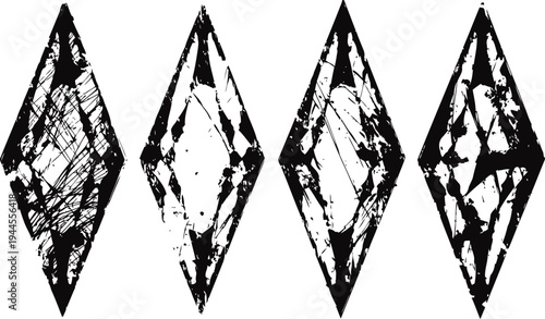 Grunge diamond shapes set four rough textured geometric diamond silhouettes in black and white