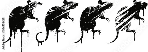 Progressive rat silhouette stages with grunge paint splatters and dripping effect on white background