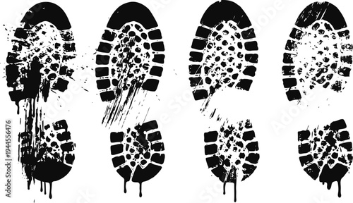 Black muddy boot prints with dripping paint effect in various sole patterns set