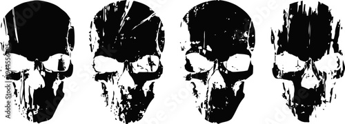 Four black and white skull silhouettes with rough textured and distressed paint