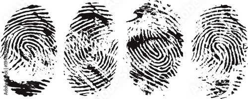 Distinct black fingerprint patterns on white background, biometric identification concept