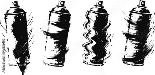 Silhouette spray paint cans with dynamic brush stroke effects in four different artistic styles