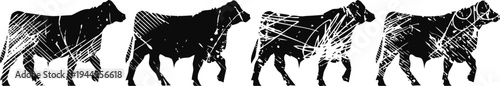 stylized cow silhouettes with crosshatch shading on white background