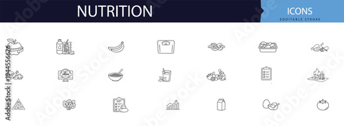 Nutrition icons and symbols for healthy eating and diet
