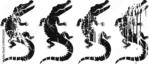 Crocodile silhouette evolution with grunge texture and forest elements in black design
