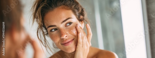 Young Woman Applying Sunscreen on Her Face in Bright Bathroom with Mirror Reflection