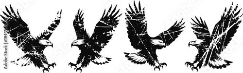 abstract eagle silhouettes in flying and attacking poses with geometric triangle shapes and lines